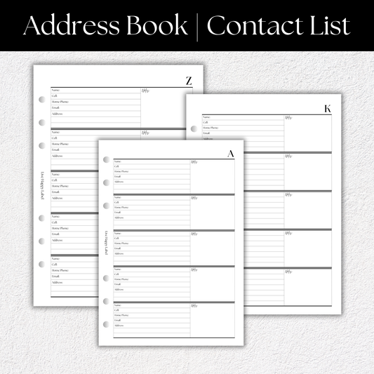Address Book & Contact List Planner Inserts | A5, 6-ring Punch