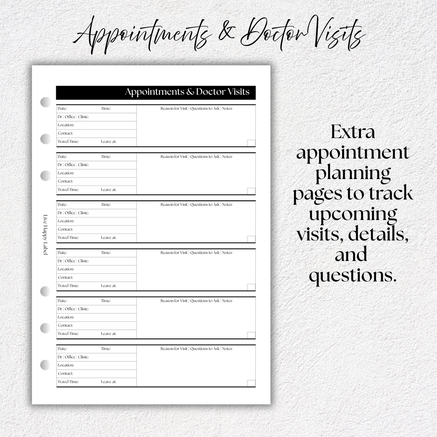 Appointments & Doctor Visits ~ Medical Planner Inserts | A5, 6-ring Punch