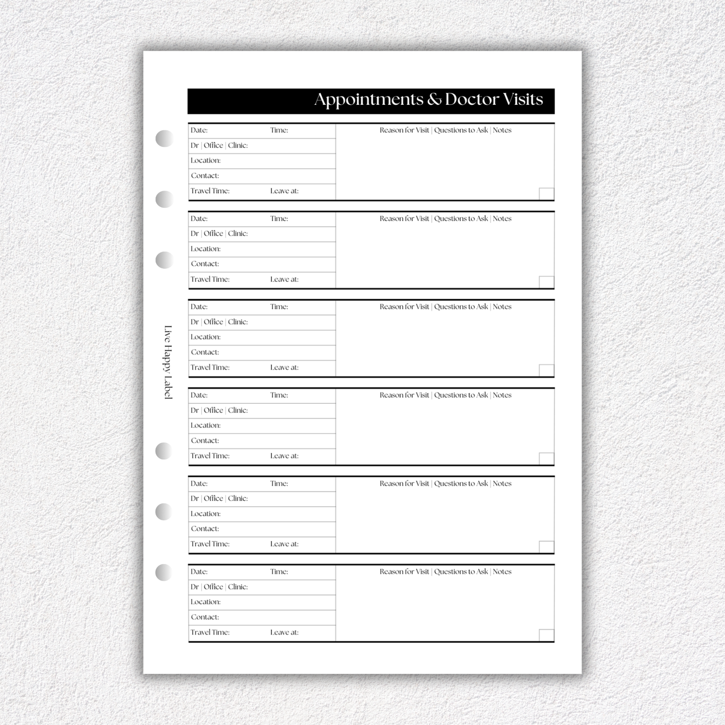 Appointments & Doctor Visits ~ Medical Planner Inserts | A5, 6-ring Punch