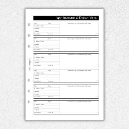 Appointments & Doctor Visits ~ Medical Planner Inserts | A5, 6-ring Punch
