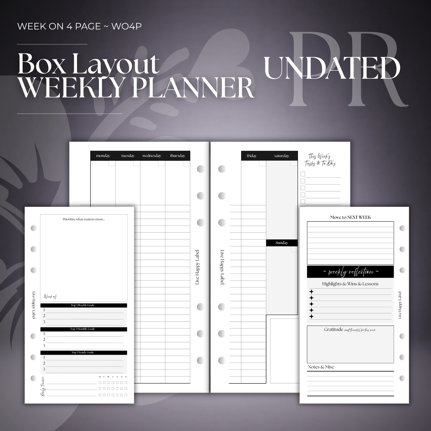 Undated "BOX" Layout Weekly Planner WO4P | Personal 6-Hole Ringbound