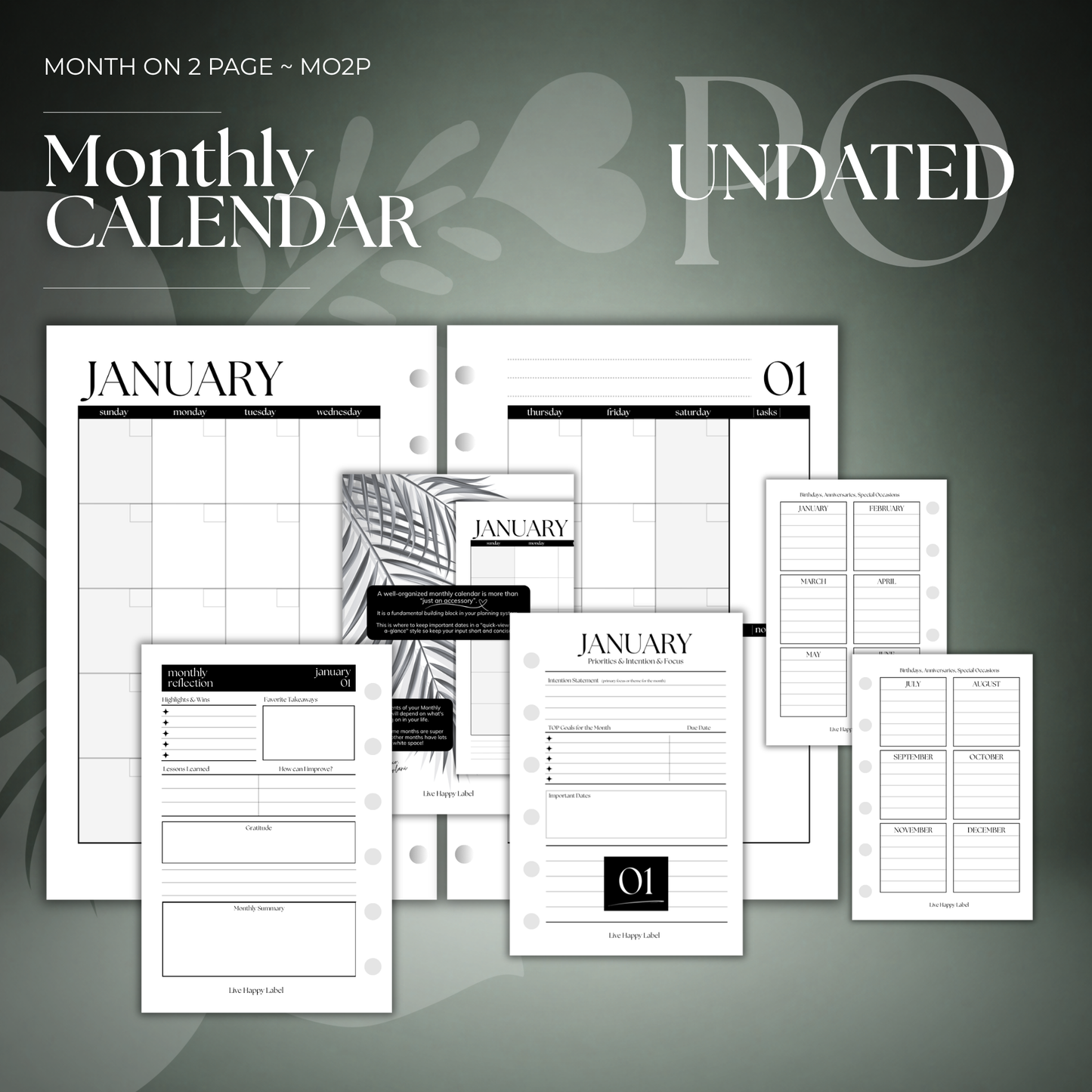 Undated Monthly Calendar Inserts | Pocket, 6-ring Punch
