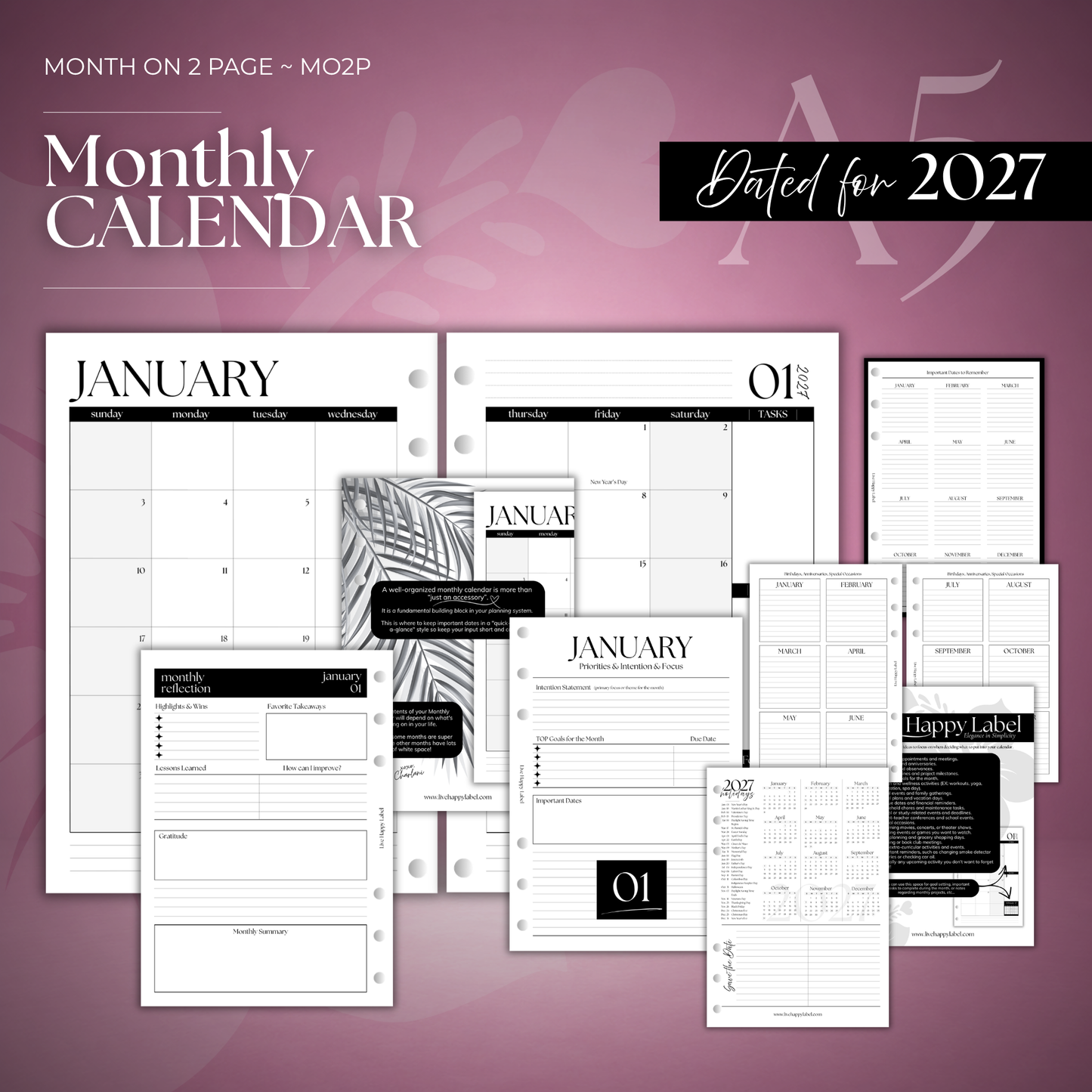 2027 Monthly Calendar  MO2P | A5 6-Hole Ringbound