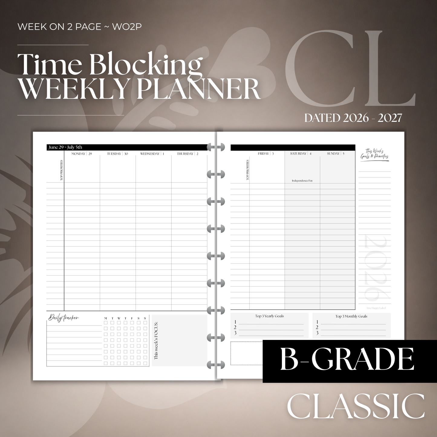 2026-2027 "Time Blocking" Layout Weekly Planner WO2P | Classic 9-Hole Discbound (B-GRADE)