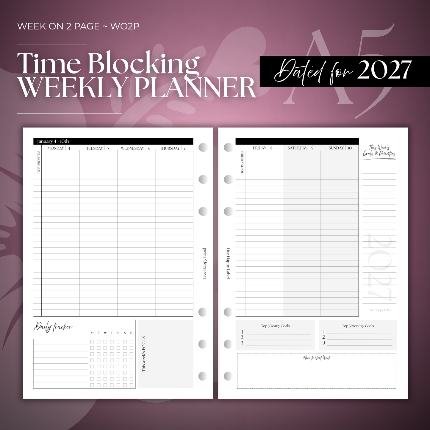2027 "Time Blocking" Layout Weekly Planner WO2P | A5 6-Hole Ringbound