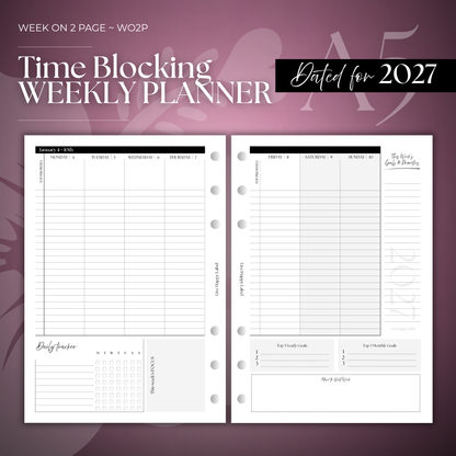 2027 "Time Blocking" Layout Weekly Planner WO2P | A5 6-Hole Ringbound