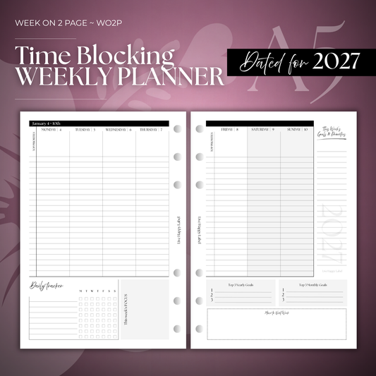 2027 "Time Blocking" Layout Weekly Planner WO2P | A5 6-Hole Ringbound