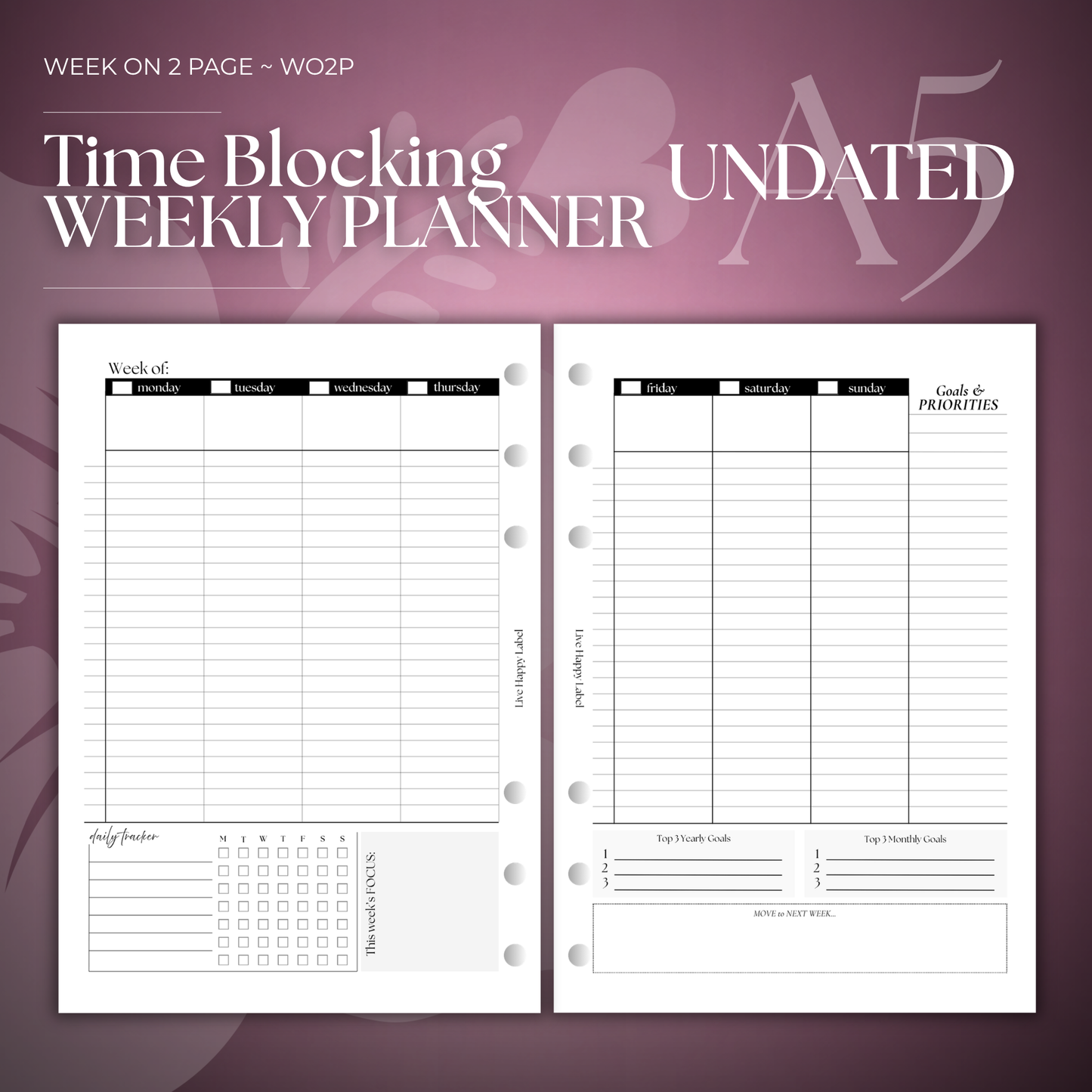 Undated Weekly Planner Inserts ~ Time Blocking Format | A5, 6-ring Punch