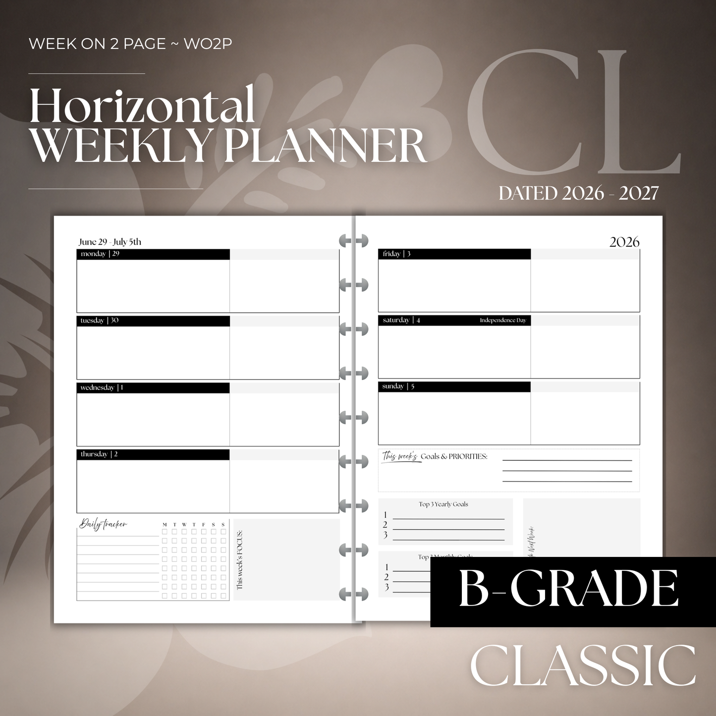 2026-2027 "Horizontal" Layout Weekly Planner WO2P | Classic 9-Hole Discbound (B-GRADE)