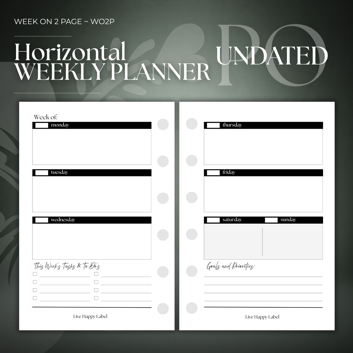 Undated Weekly Planner Inserts ~ Horizontal Format | Pocket, 6-ring Punch
