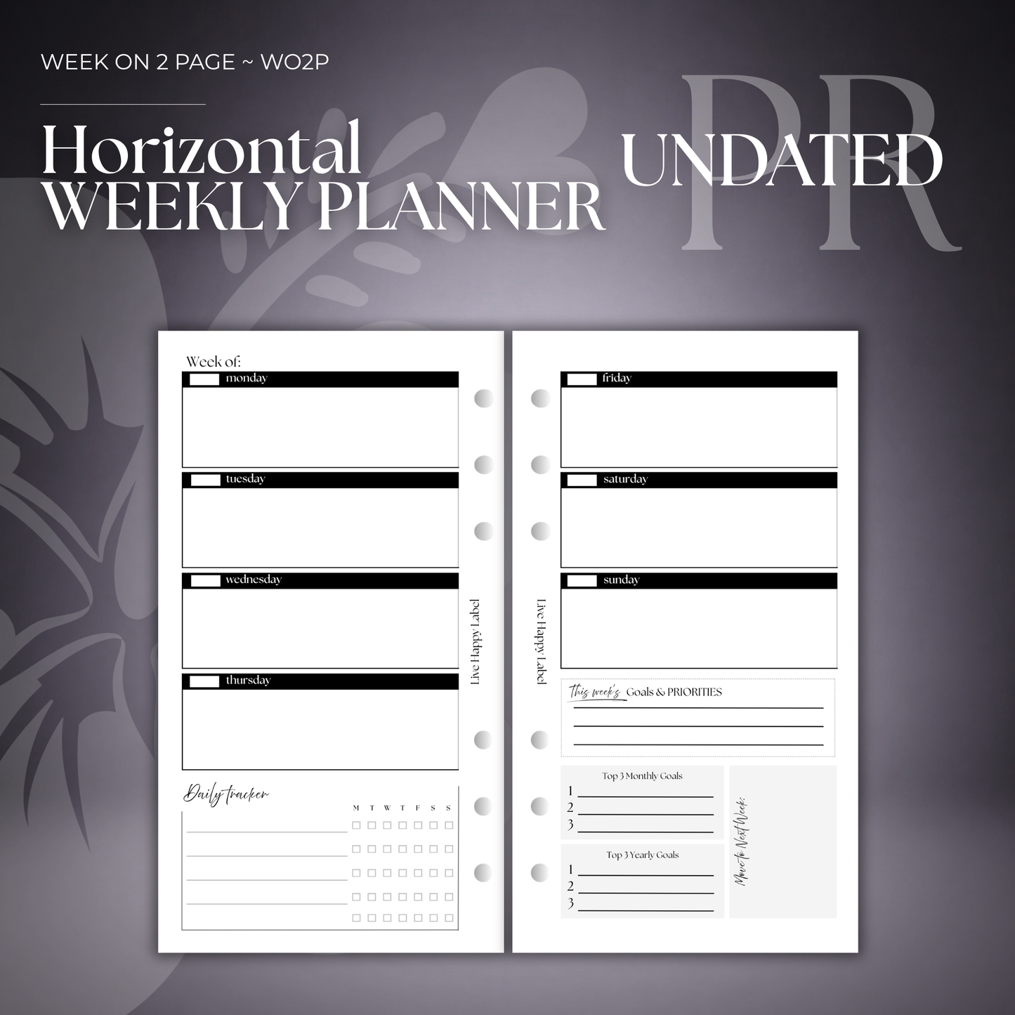 Undated "Horizontal" Layout Weekly Planner WO2P | Personal 6-Hole Ringbound