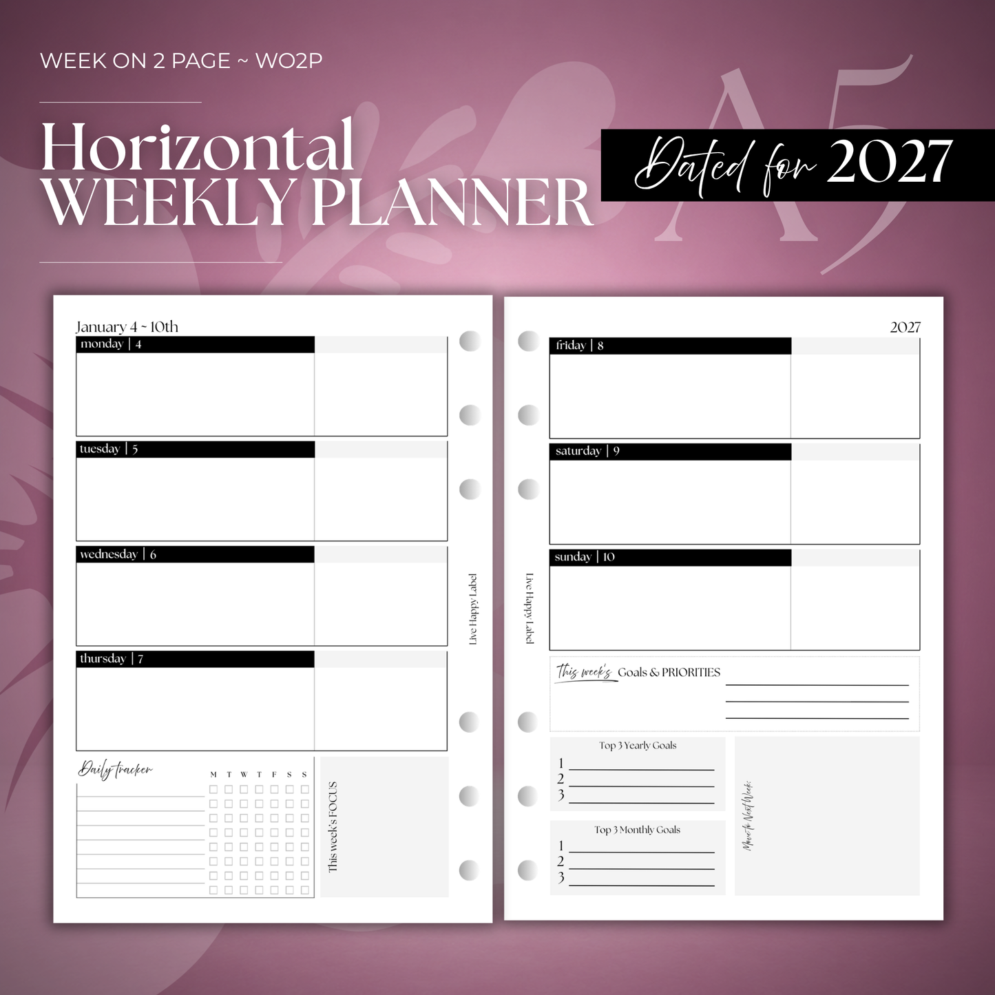 2027 "Horizontal" Layout Weekly Planner WO2P | A5 6-Hole Ringbound