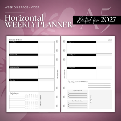 2027 "Horizontal" Layout Weekly Planner WO2P | A5 6-Hole Ringbound