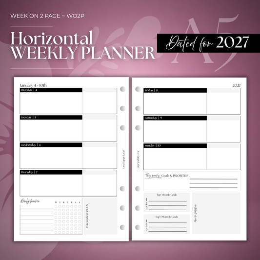 2027 "Horizontal" Layout Weekly Planner WO2P | A5 6-Hole Ringbound