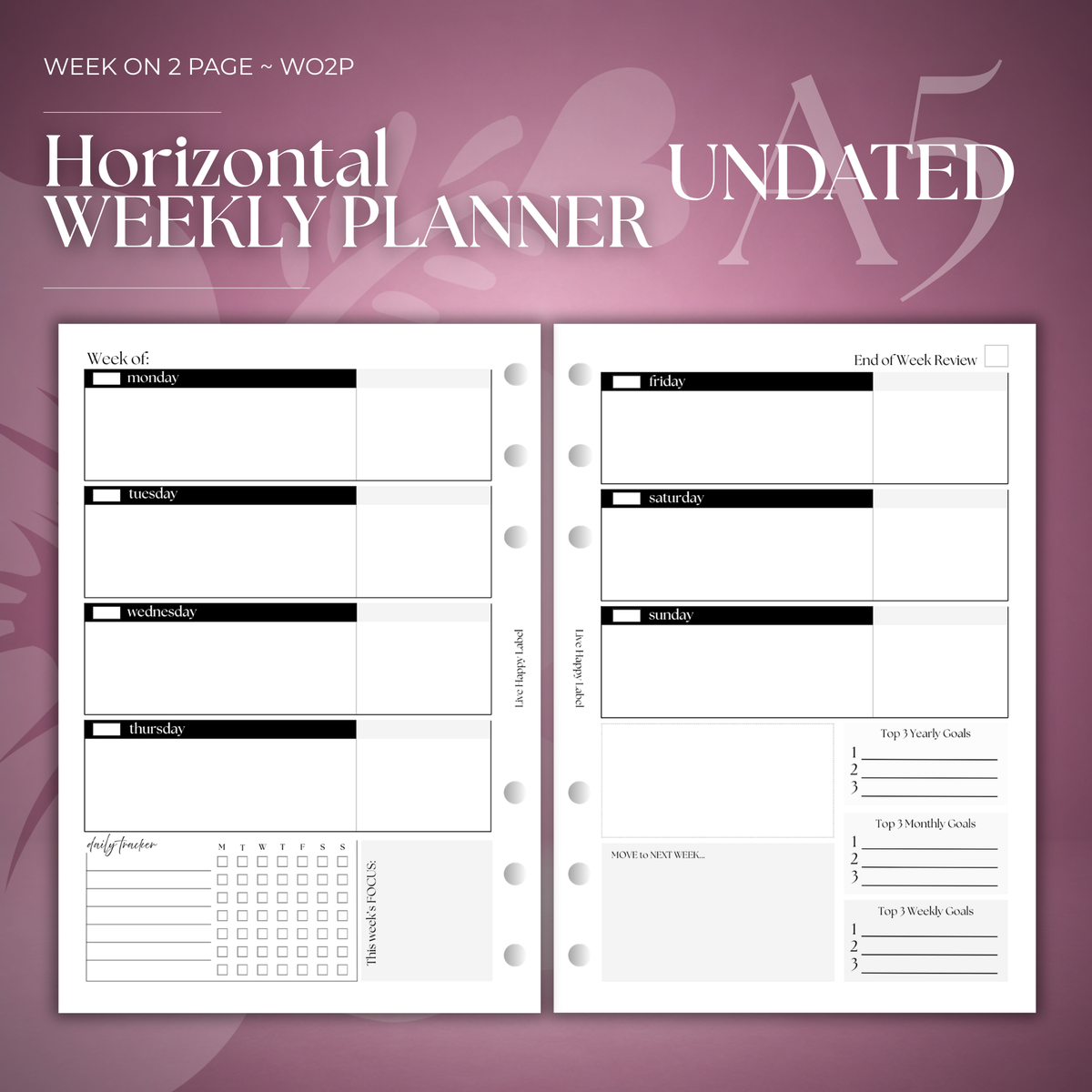 Undated Weekly Planner Inserts ~ Horizontal Format | A5, 6-ring Punch
