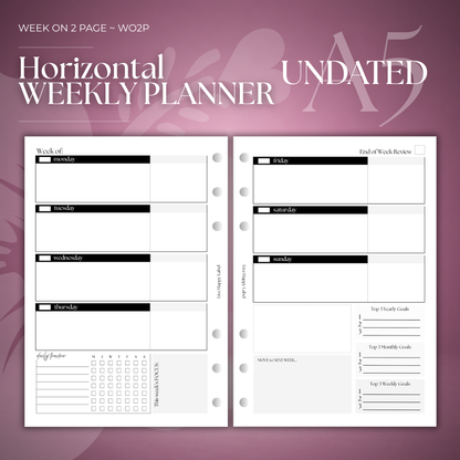 Undated Weekly Planner Inserts ~ Horizontal Format | A5, 6-ring Punch