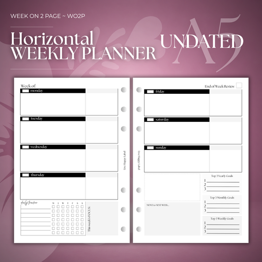 Undated Weekly Planner Inserts ~ Horizontal Format | A5, 6-ring Punch