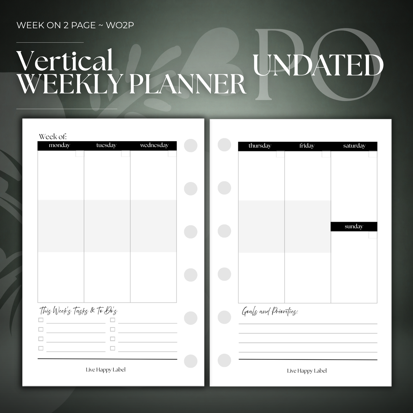 Undated Weekly Planner Inserts ~ Vertical Format | Pocket, 6-ring Punch