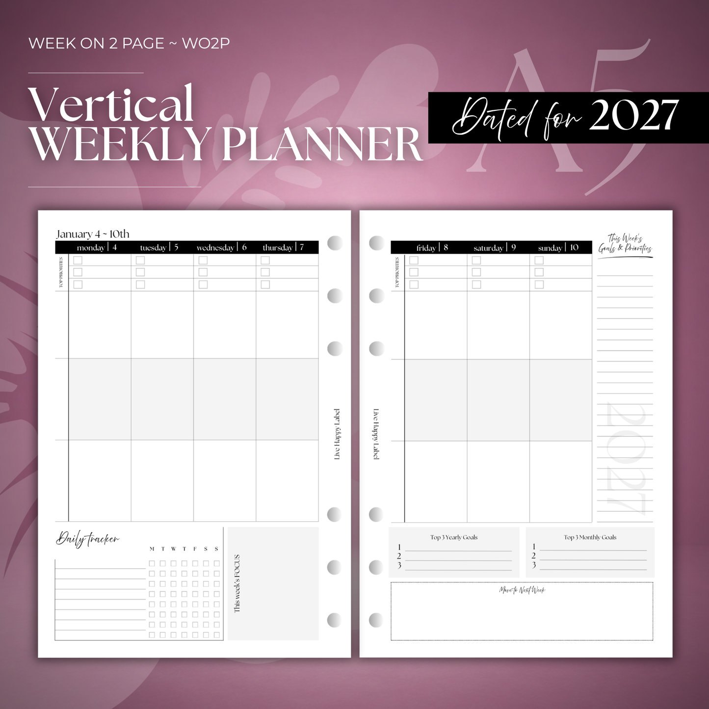2027 "Vertical" Layout Weekly Planner WO2P | A5 6-Hole Ringbound