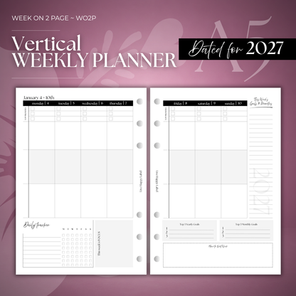 2027 "Vertical" Layout Weekly Planner WO2P | A5 6-Hole Ringbound