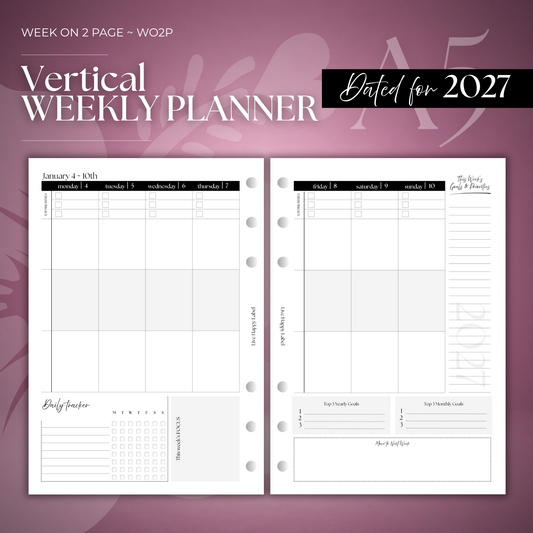 2027 "Vertical" Layout Weekly Planner WO2P | A5 6-Hole Ringbound
