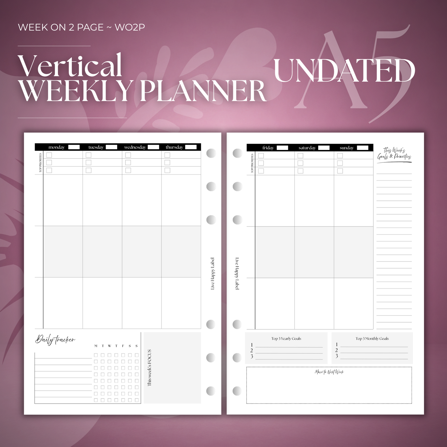 Undated Weekly Planner Inserts ~ Vertical Format | A5, 6-ring Punch