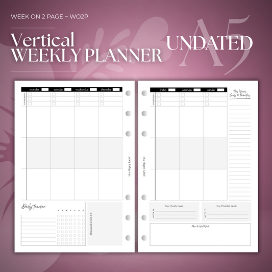Undated Weekly Planner Inserts ~ Vertical Format | A5, 6-ring Punch