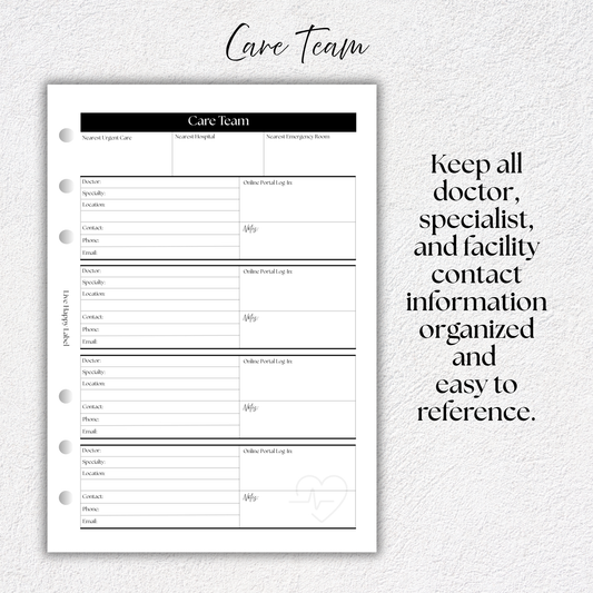 Care Team ~ Doctor & Specialist Planner Inserts | A5, 6-ring Punch