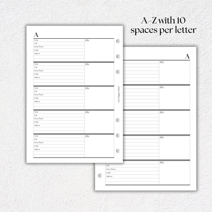Address Book & Contact List Planner Inserts | A5, 6-ring Punch