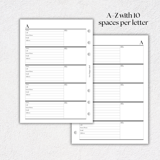 Address Book & Contact List Planner Inserts | A5, 6-ring Punch