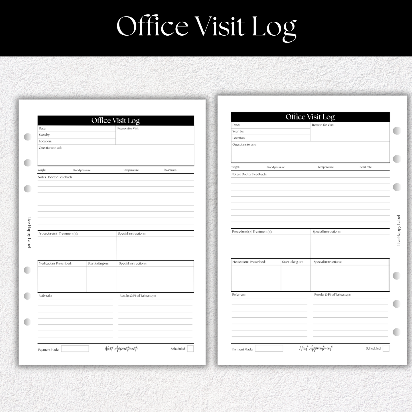 Office Visit Log ~ Medical Planner Inserts | A5, 6-ring Punch