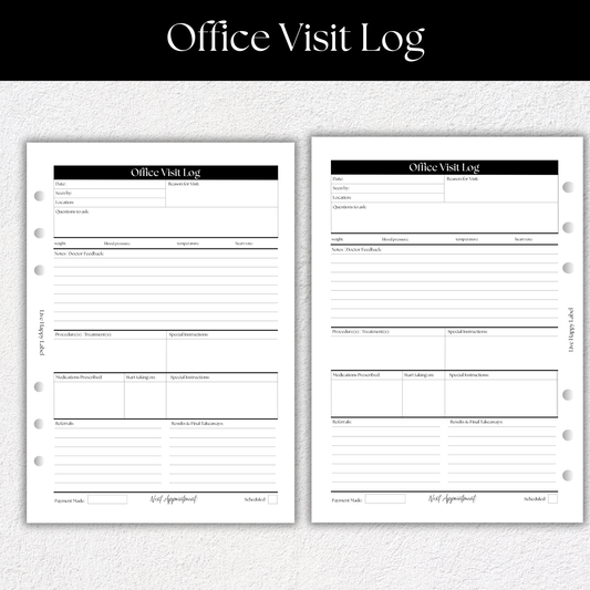 Office Visit Log ~ Medical Planner Inserts | A5, 6-ring Punch