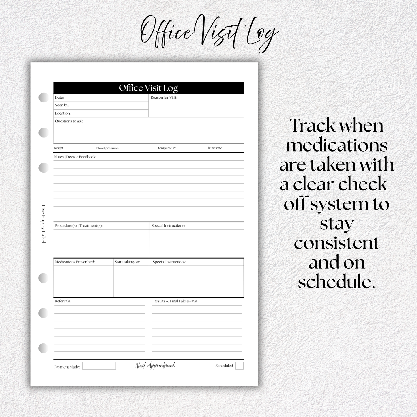 Office Visit Log ~ Medical Planner Inserts | A5, 6-ring Punch