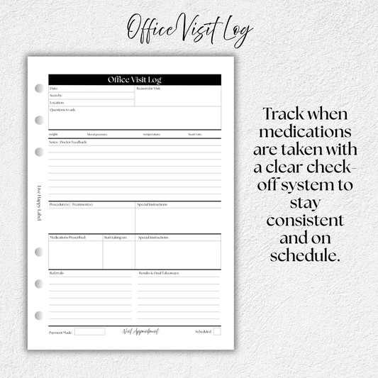 Office Visit Log ~ Medical Planner Inserts | A5, 6-ring Punch