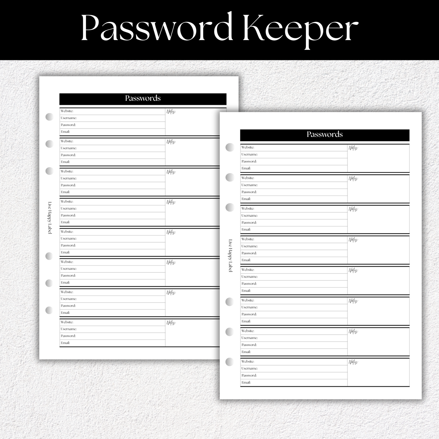 Password Keeper Planner Inserts | A5, 6-ring Punch