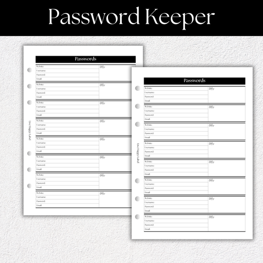 Password Keeper Planner Inserts | A5, 6-ring Punch