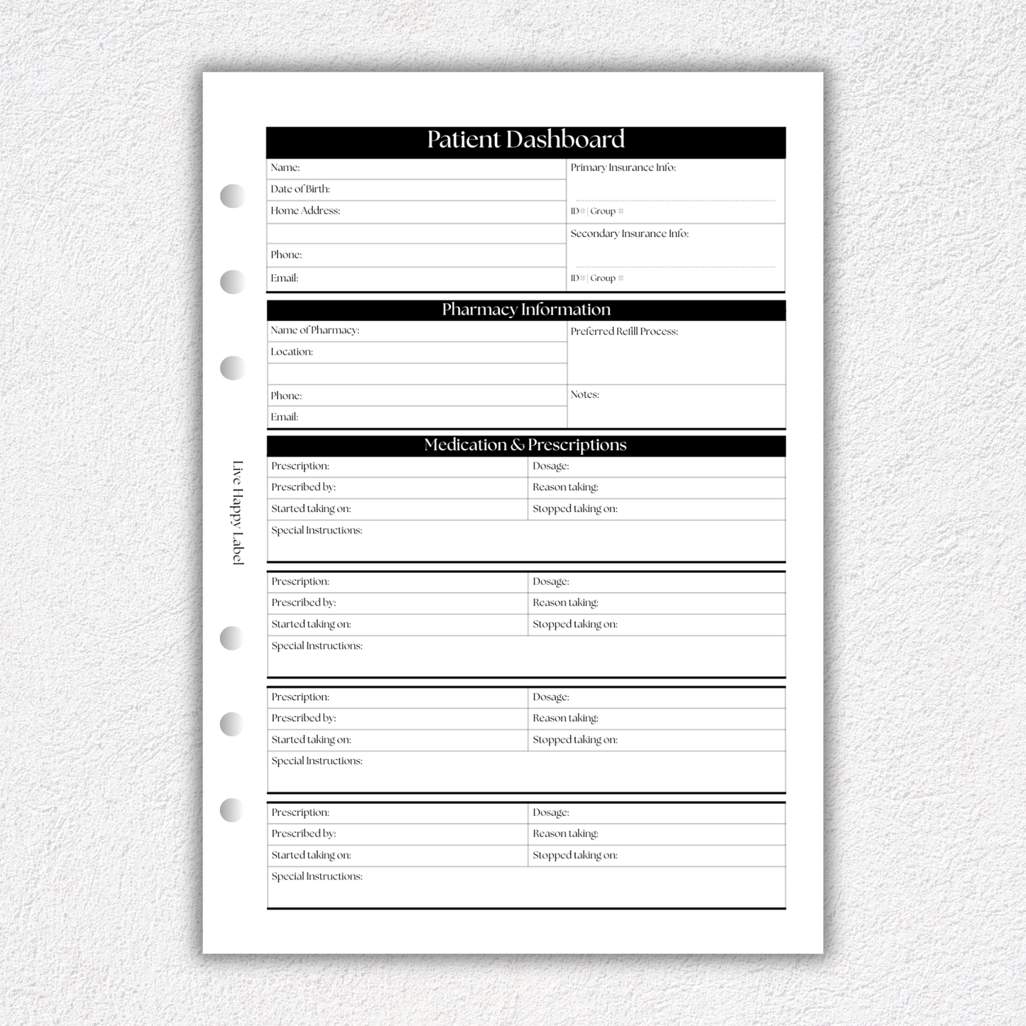 Patient Dashboard Insert | A5, 6-ring Punch