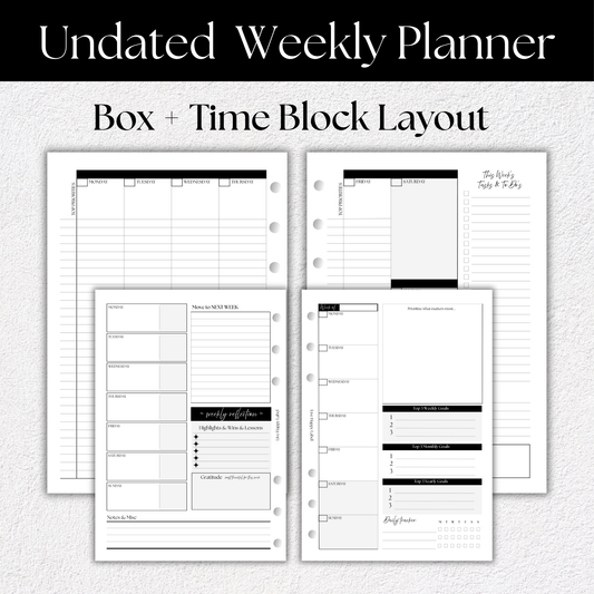 Undated Weekly Planner Inserts ~ Box Format + Time Blocking *DIVIDABLE * | A5, 6-ring Punch