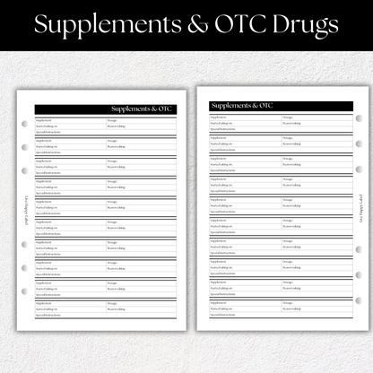 Supplements & OTC Drug Log ~ Medical Planner Inserts | A5, 6-ring Punch
