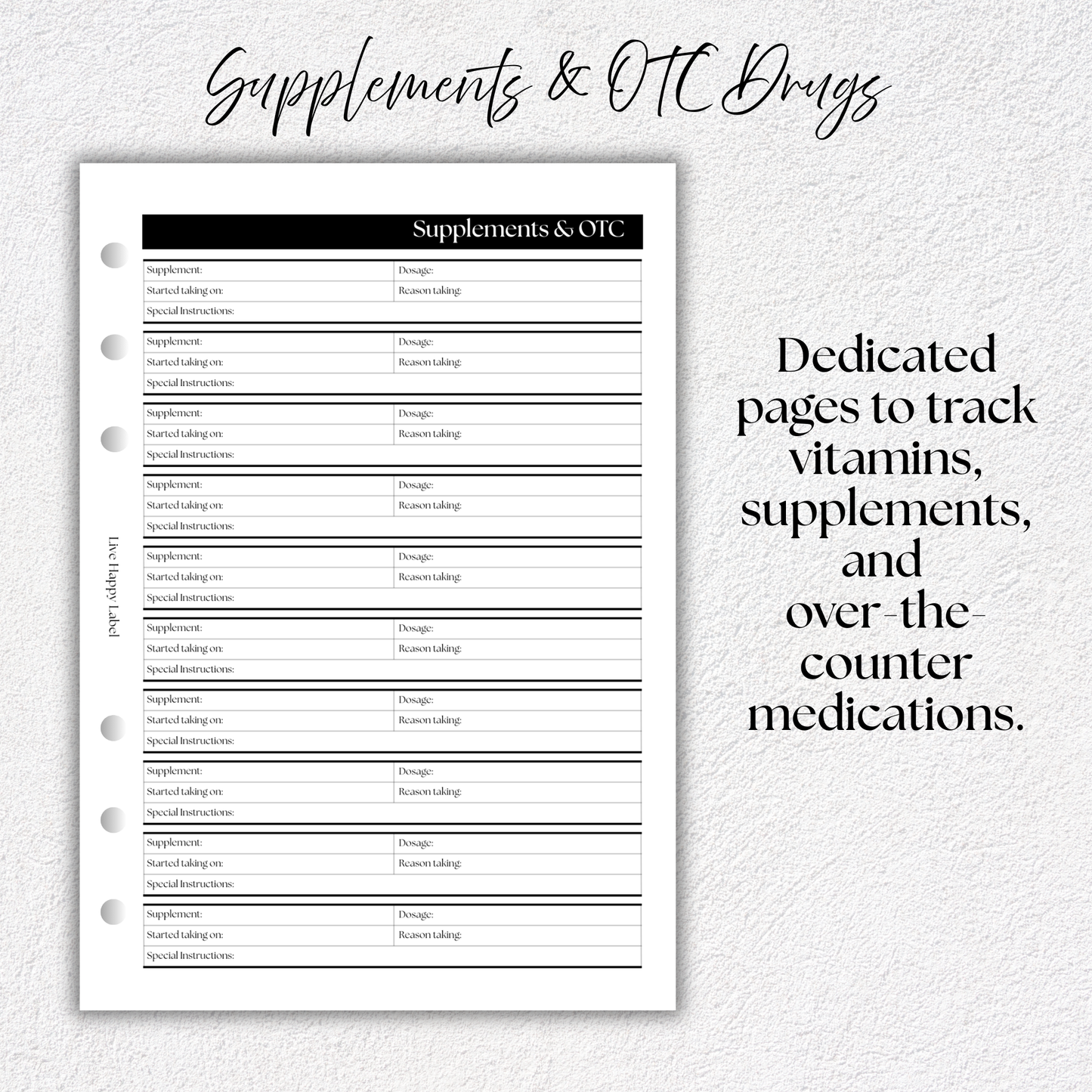 Supplements & OTC Drug Log ~ Medical Planner Inserts | A5, 6-ring Punch