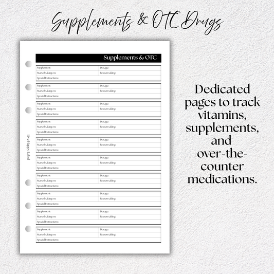 Supplements & OTC Drug Log ~ Medical Planner Inserts | A5, 6-ring Punch