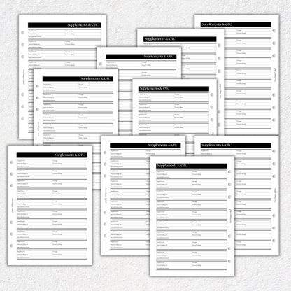 Supplements & OTC Drug Log ~ Medical Planner Inserts | A5, 6-ring Punch