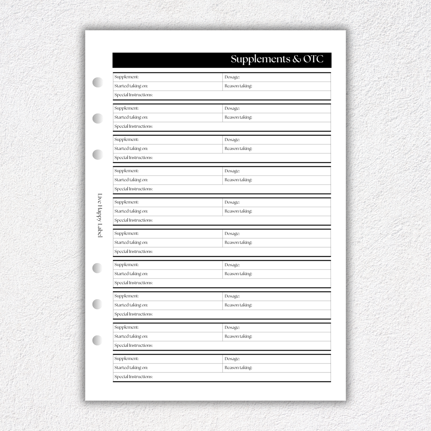 Supplements & OTC Drug Log ~ Medical Planner Inserts | A5, 6-ring Punch