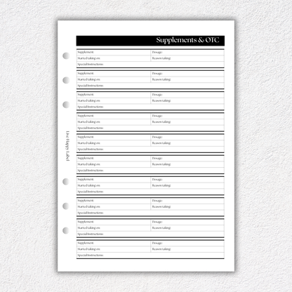 Supplements & OTC Drug Log ~ Medical Planner Inserts | A5, 6-ring Punch