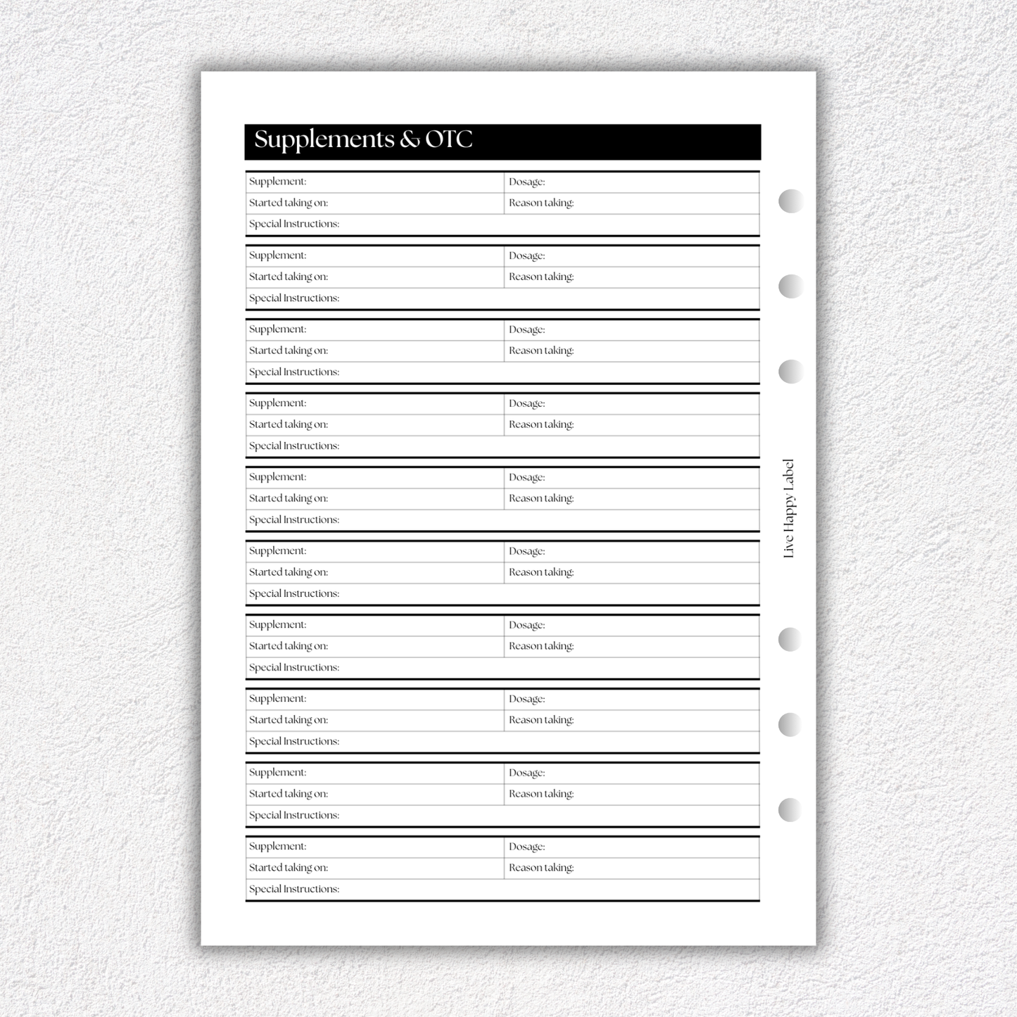 Supplements & OTC Drug Log ~ Medical Planner Inserts | A5, 6-ring Punch