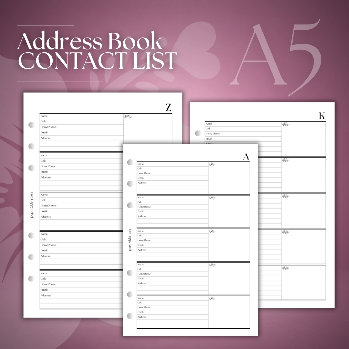 Address Book & Contact List Planner Inserts | A5, 6-ring Punch