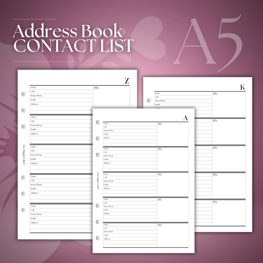 Address Book & Contact List Planner Inserts | A5, 6-ring Punch
