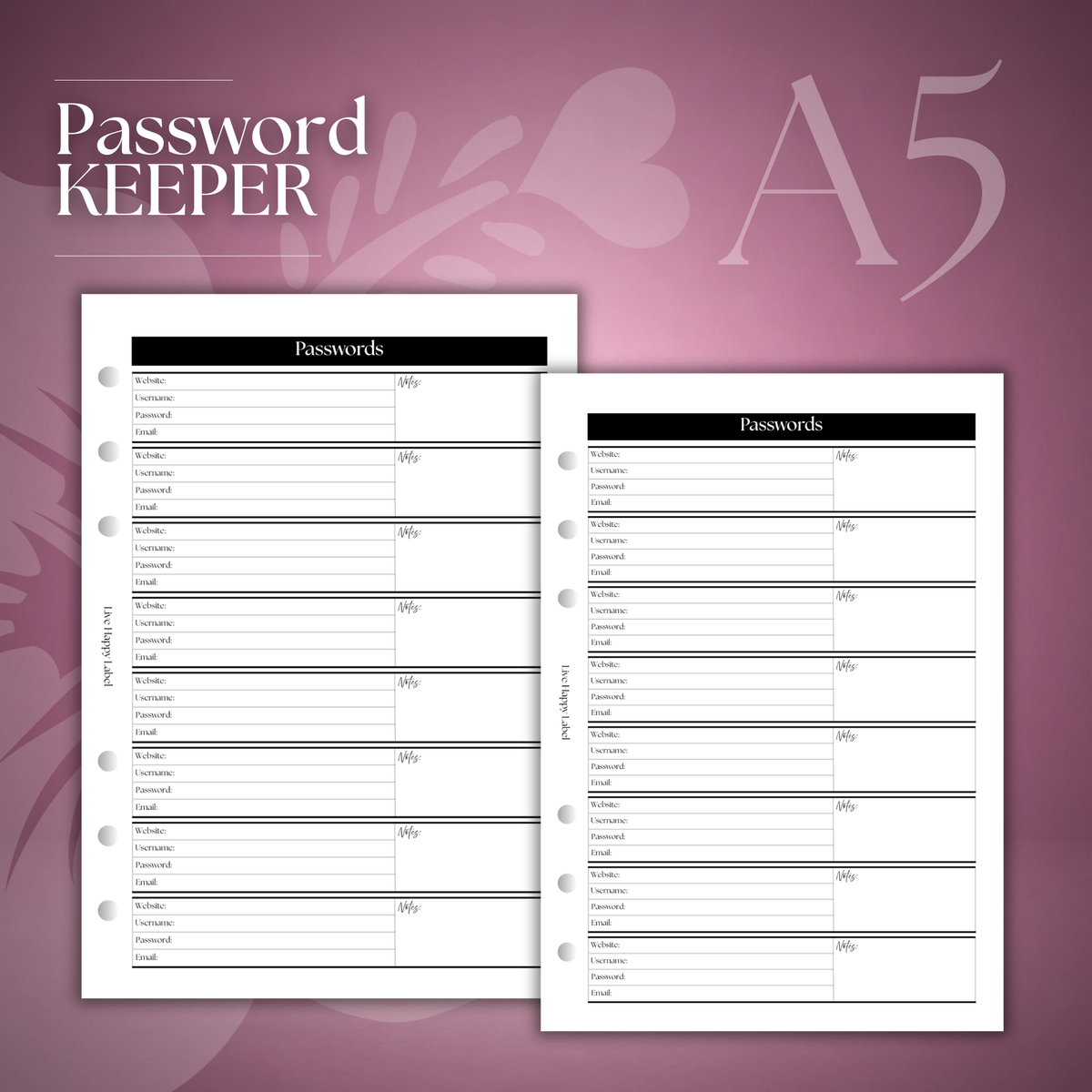 Password Keeper Planner Inserts | A5, 6-ring Punch