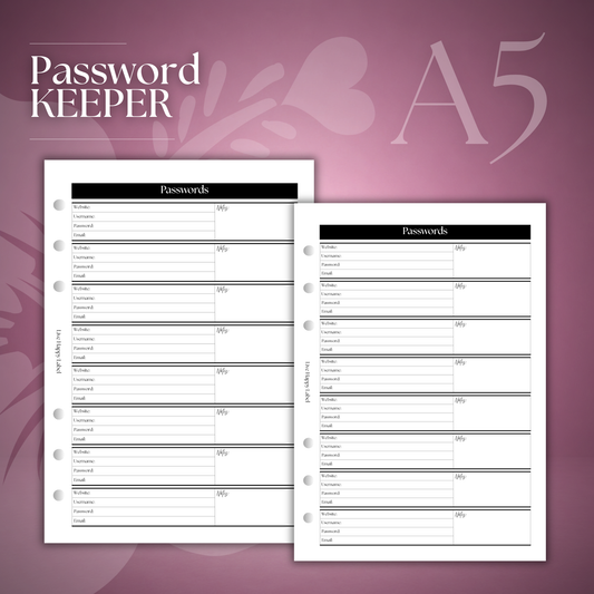 Password Keeper Planner Inserts | A5, 6-ring Punch