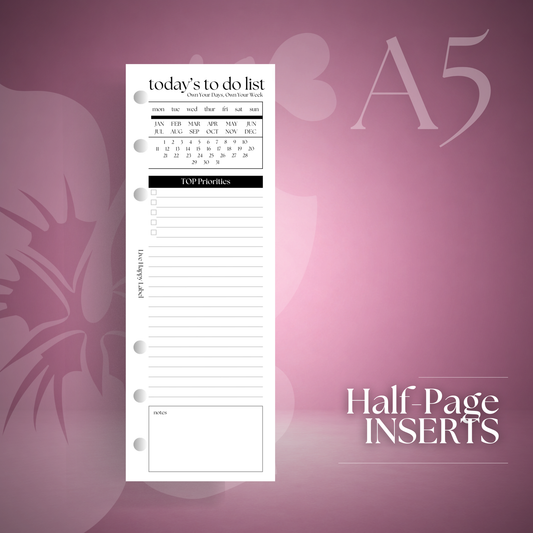 Half-Page Today's To Do List Inserts | A5, 6-ring Punch